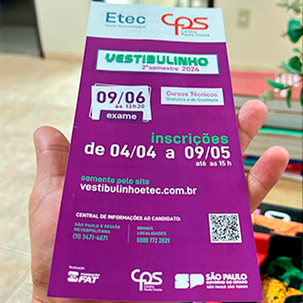 Último dia para inscrições no Vestibulinho da ETEC em Paraguaçu Paulista