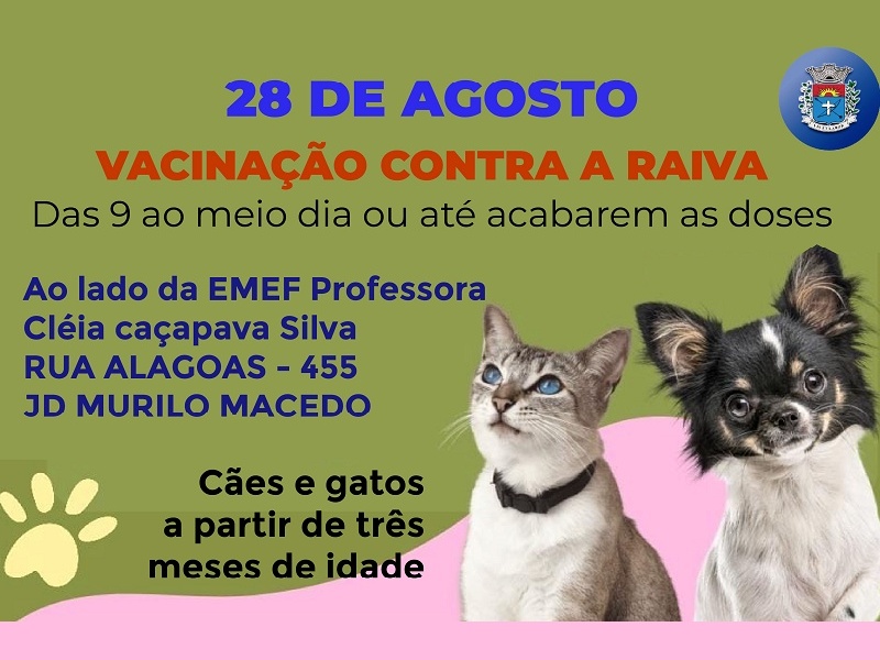 Secretaria de Saúde realiza no próximo dia 29 mais um dia de vacinação contra raiva