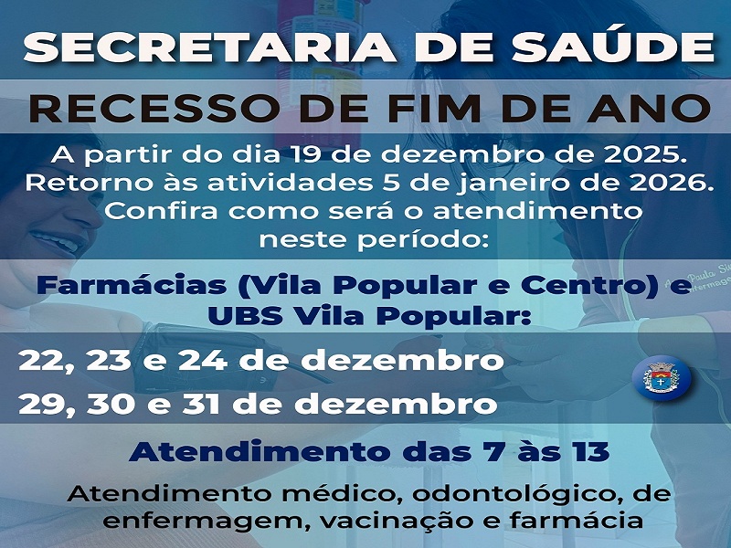 Secretaria de Saúde de Paraguaçu informa recesso do fim de ano