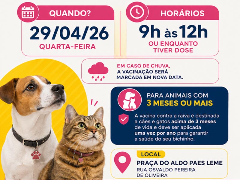 Secretaria de Saúde realiza vacinação contra raiva para cães e gatos no próximo dia 29 em Paraguaçu