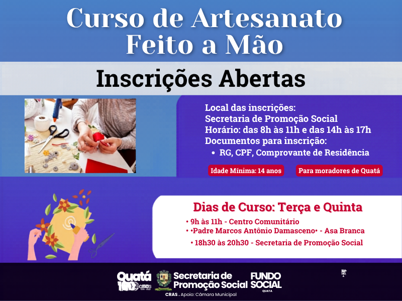 Curso de artesanato “Feito à Mão” abre inscrições para moradores de Quatá