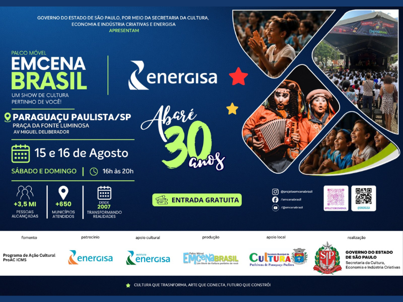 Paraguaçu, recebe Palco Móvel Emcena Brasil com atrações culturais gratuitas neste fim de semana