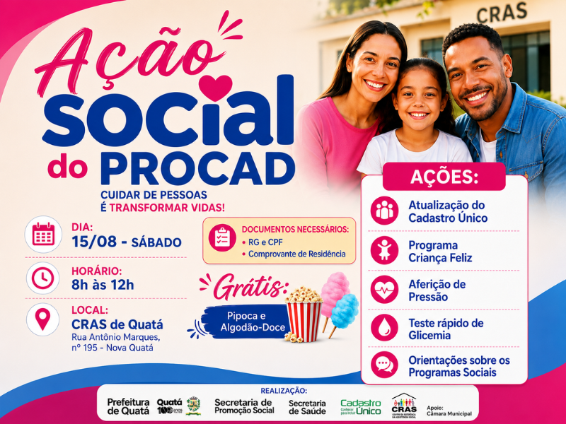 Ação Social do PROCAD oferece serviços gratuitos neste sábado no CRAS de Quatá