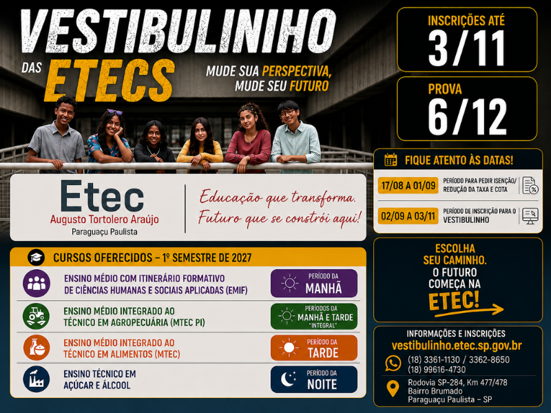 Etec-Paraguaçu abre Vestibulinho 2027 e prazo para desconto termina hoje