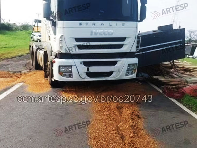 Carreta com madeira tomba e bloqueia tráfego em rodovia entre Assis e Paraguaçu Paulista