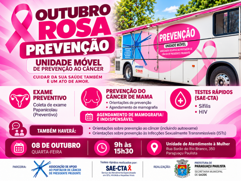 Outubro Rosa terá ação de saúde da mulher com exames e testes rápidos em Paraguaçu