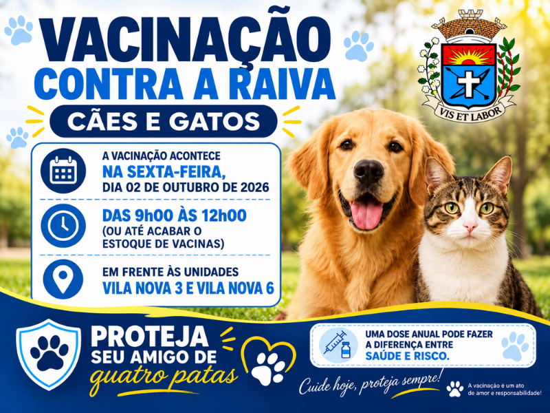 Vacinação antirrábica será realizada nesta sexta-feira em Paraguaçu Paulista para cães e gatos