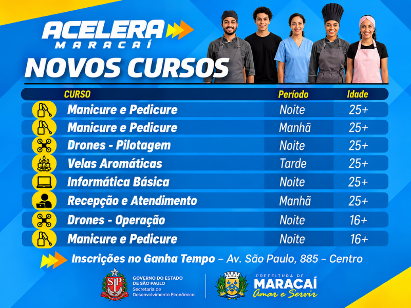 Maracaí oferece novos cursos gratuitos de qualificação profissional em diferentes áreas